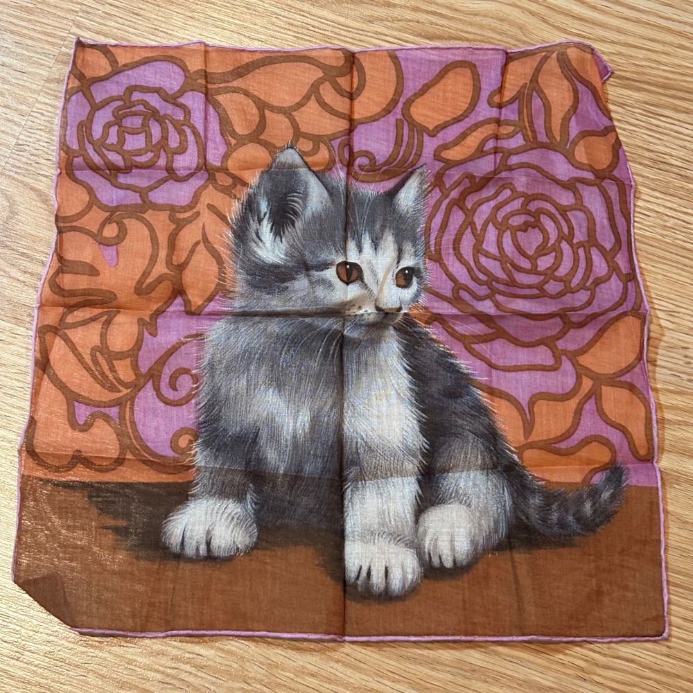 Vintage Style Kitten Cat Handkerchief Purple Orange Floral Rose Pocket Square